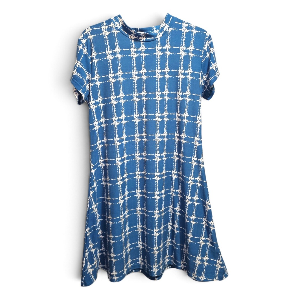 Jon & Anna Mini Dress Women Size Small Blue Excellent Grid Mock Neck A-Line